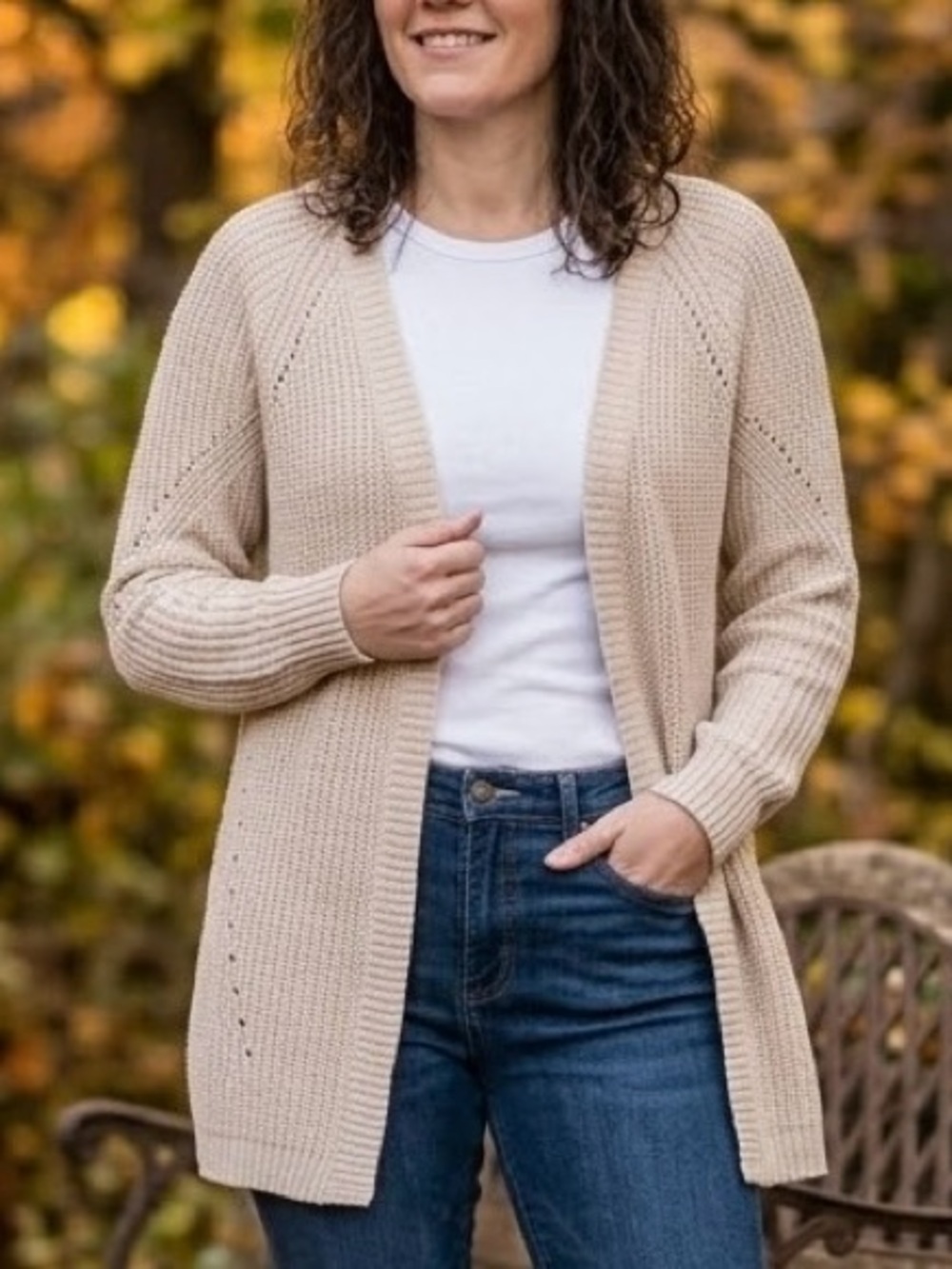 Women's Open-Front Beige Knit Cardigan Sweater